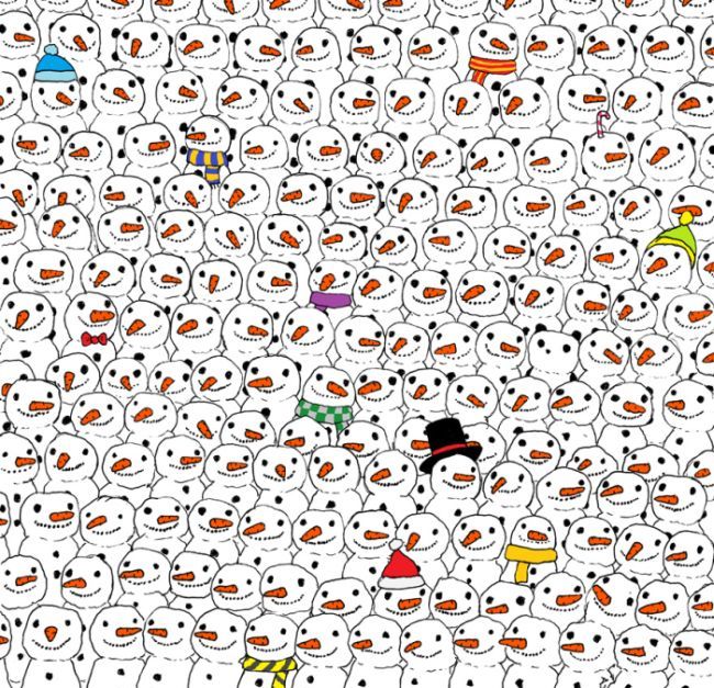 Головоломка: найди панду, притаившуюся среди снеговиков (картинка)