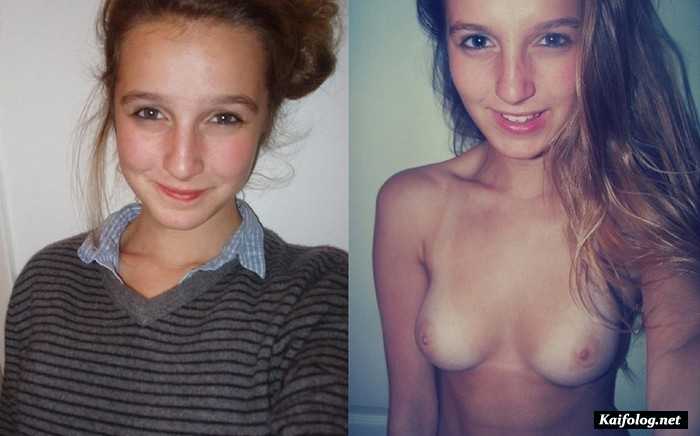 два фото девушки в одежде и без