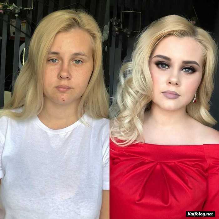 девушка с макияжем и без макияжа