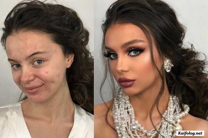 девушка с макияжем и без макияжа